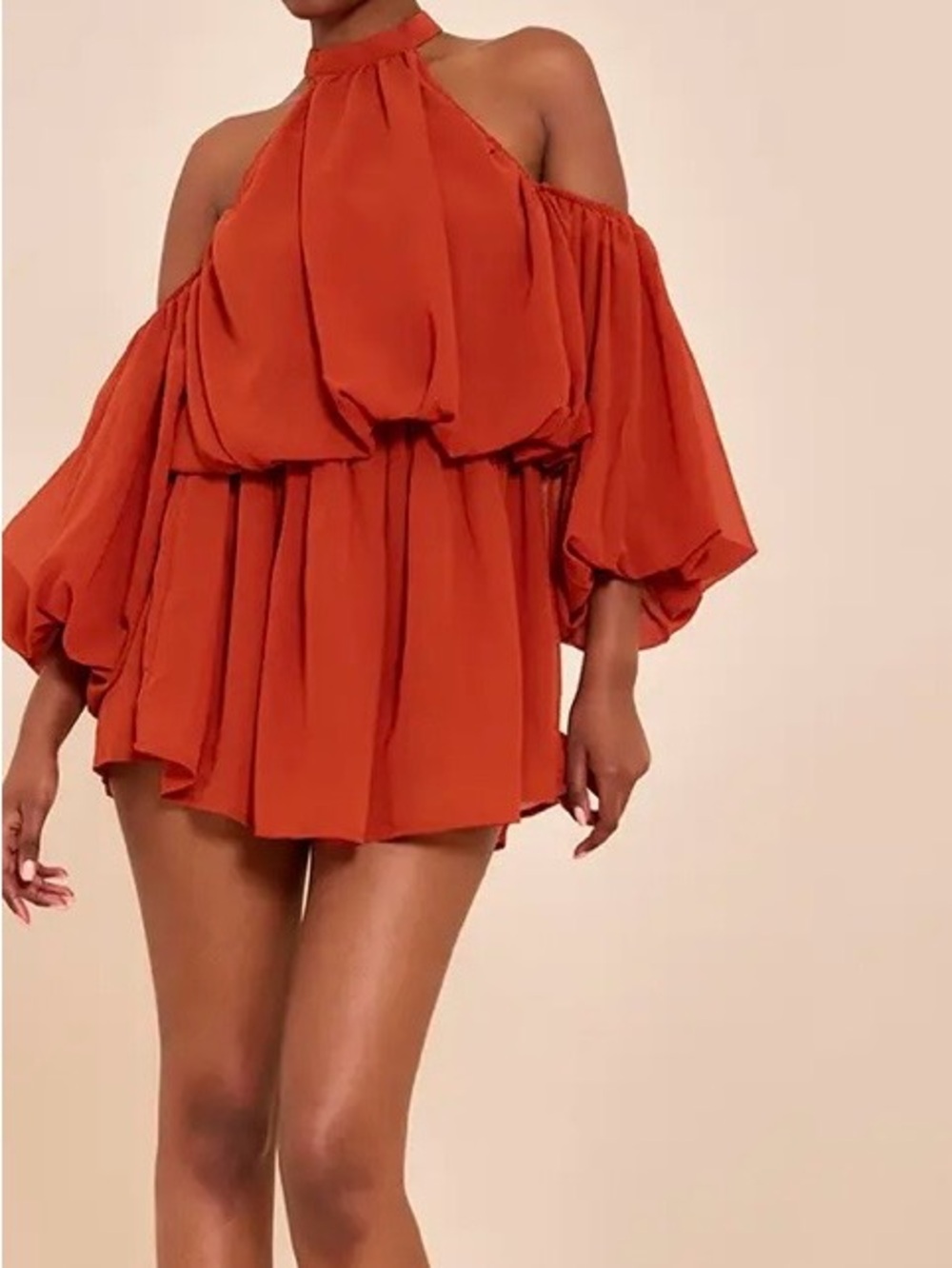 PrettyLittleThing Rust Chiffon Ruffle Off-Shoulder Playsuit — Size 10, NWT